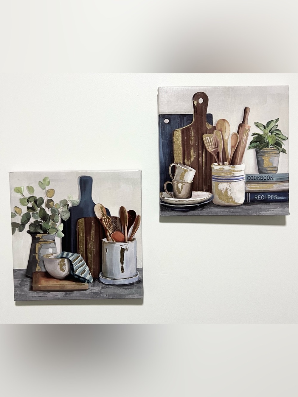 2 Rustic Kitchen Wall Art Set - Neutral Green, Gold and Brown